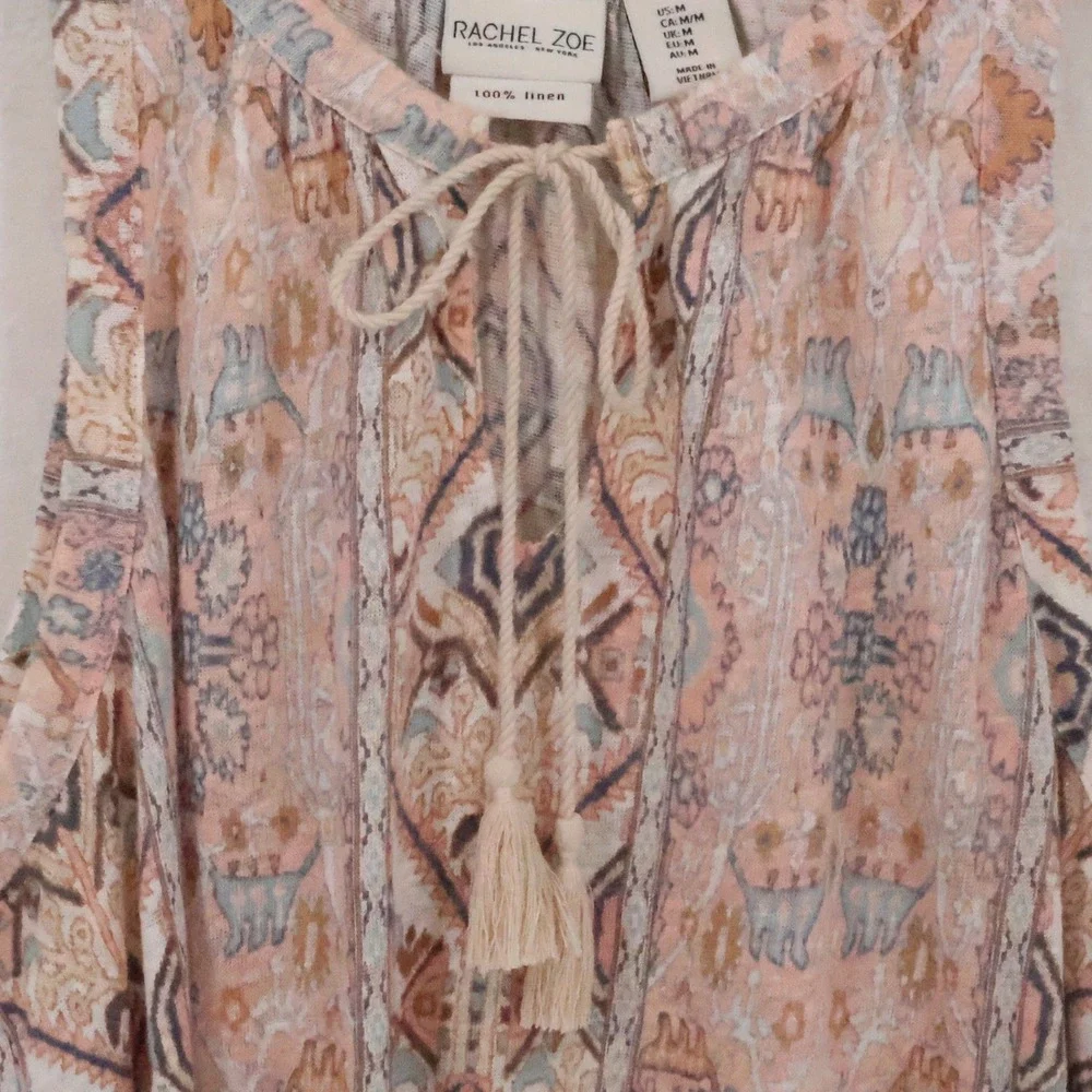 Rachel Zoe Paisley Ikat Linen Tank Top Womens Size M Boho Coastal Tassel Tie - Picture 2 of 8